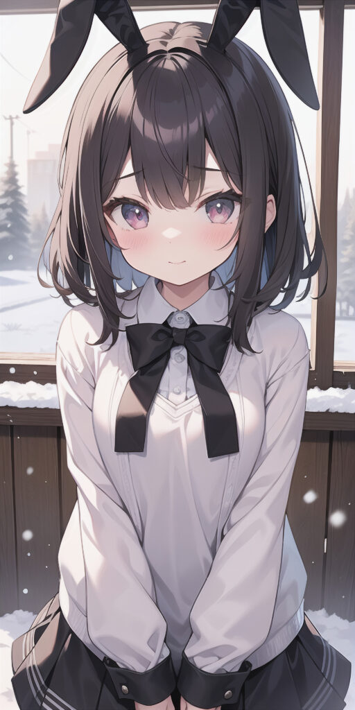 Cheerful Anime Girl with Bunny Ears in Snowy Wonderland Wallpaper