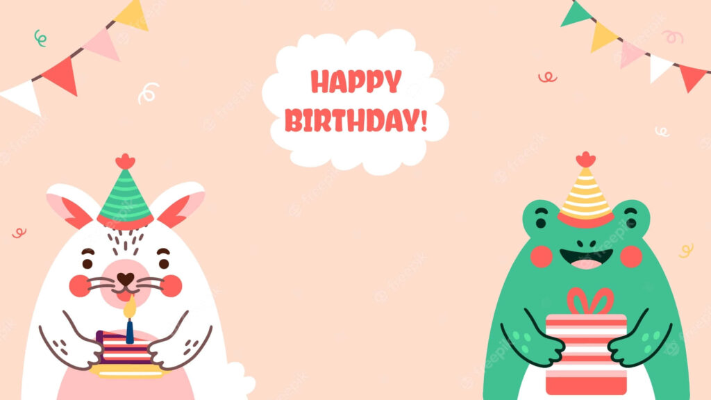 Cheerful Birthday Wallpaper: Cute Bunny & Frog in Party Hats