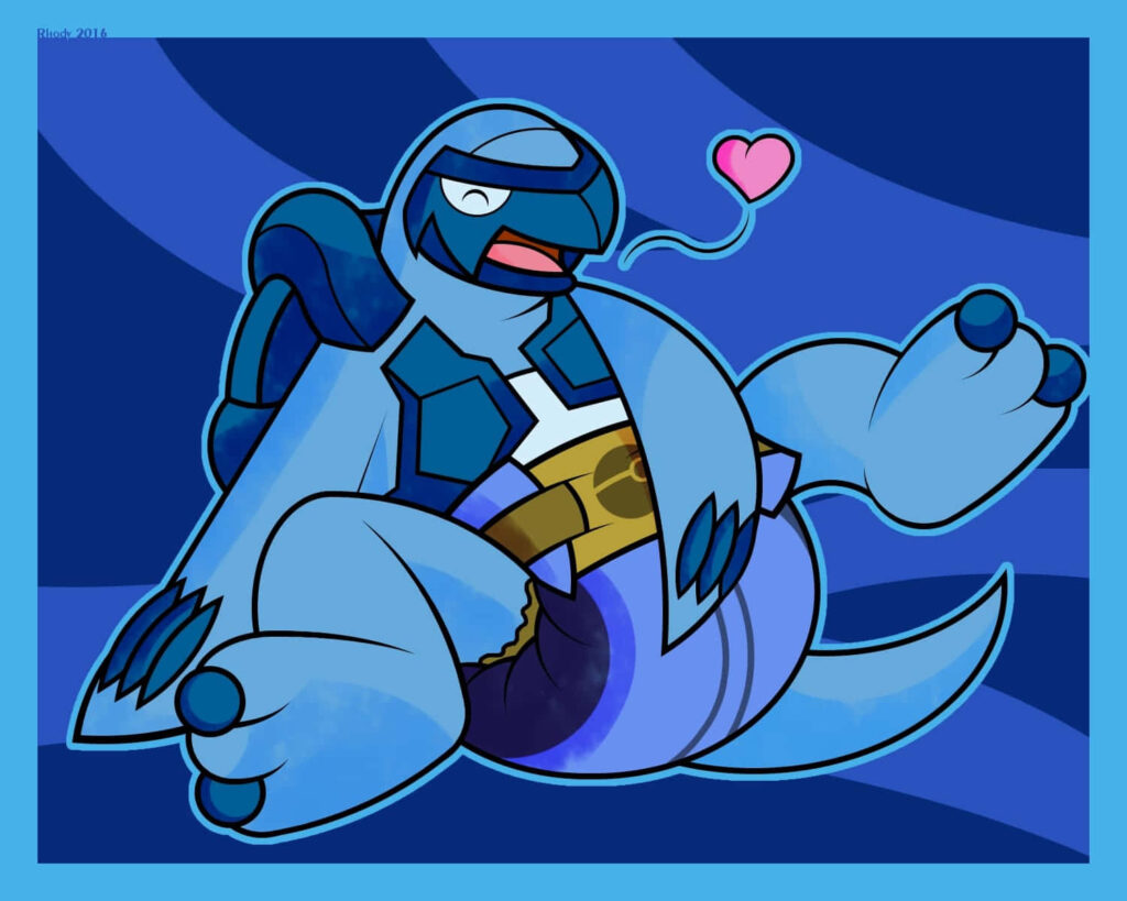 Carracosta Pokémon fanart in playful diaper with cheerful expression on bold blue background wallpaper