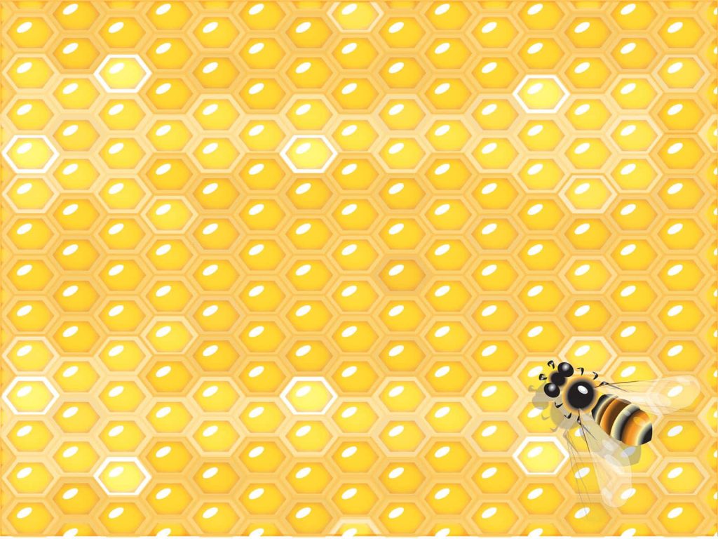 Cartoon bee with black yellow stripes on vibrant yellow honeycomb background digital wallpaper