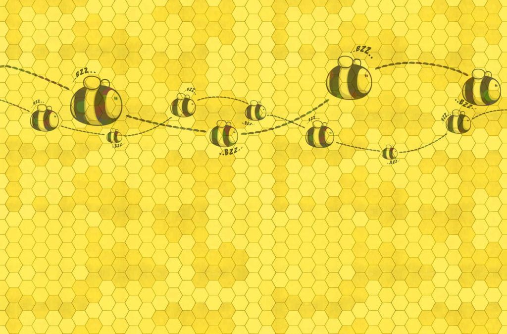 Cheerful cartoon bees buzz on bright yellow honeycomb with dashed flight paths and BZZ text Wallpaper