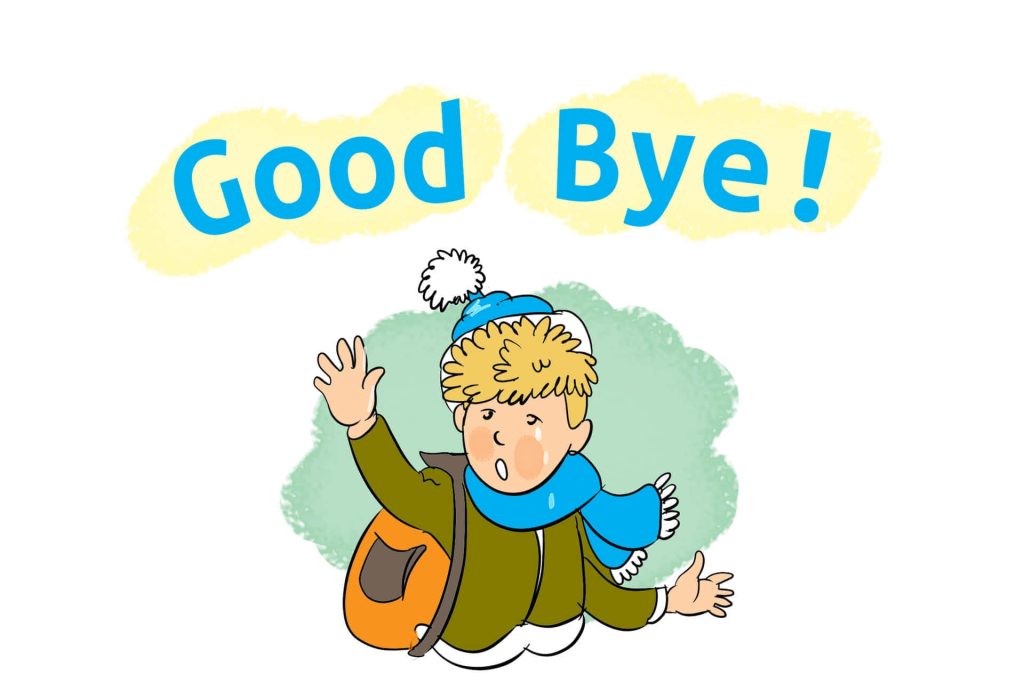 Cartoon boy in blue winter hat scarf orange backpack waving goodbye cheerful wallpaper background