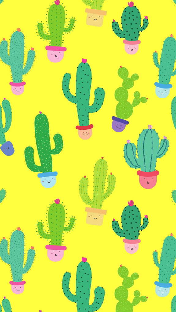 Colorful cartoon cacti with smiling faces in pots on bright yellow playful plant wallpaper background