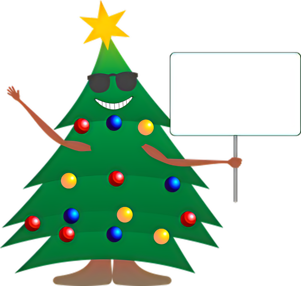 Cheerful Cartoon Christmas Tree with Sunglasses & Blank Sign Wallpaper