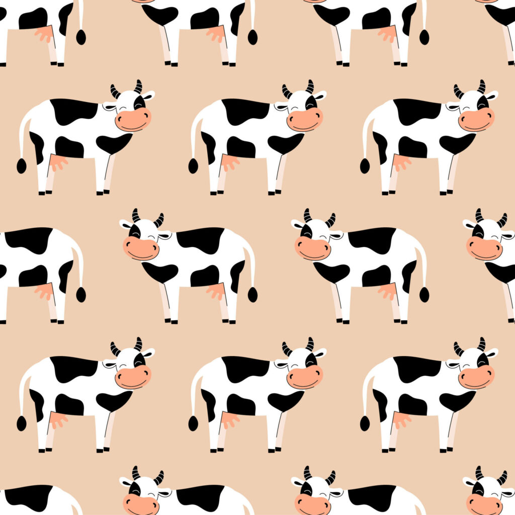 Whimsical Cartoon Cows on Soft Beige Digital Wallpaper Background