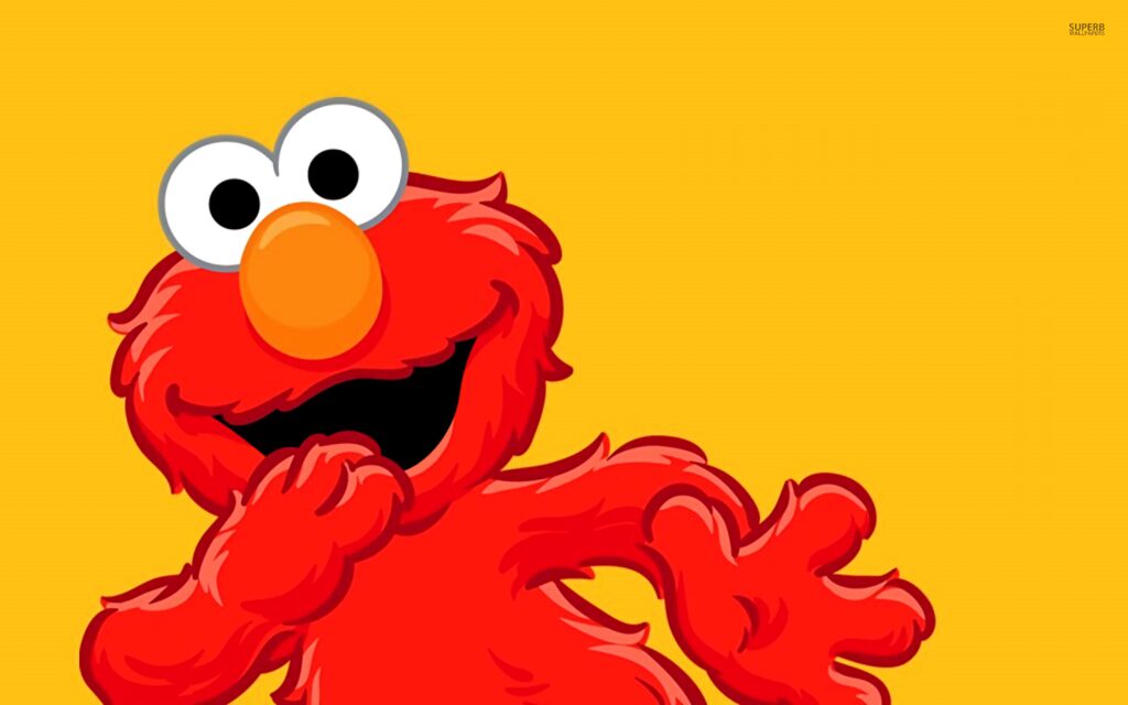 Cheerful cartoon Elmo with bright red fur on vibrant yellow pastel background wallpaper