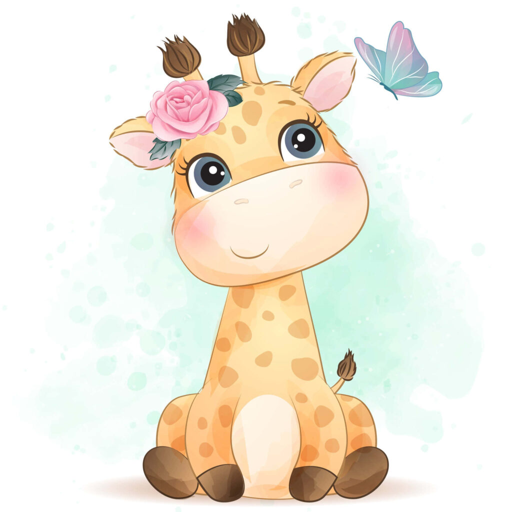 Charming Cartoon Giraffe Wallpaper with Pink Rose & Butterfly