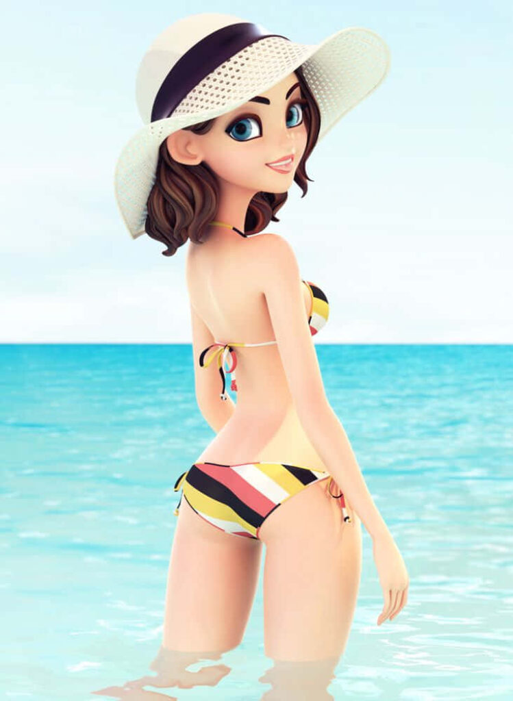 Cheerful Cartoon Girl in Striped Bikini by Clear Ocean Waves Wallpaper