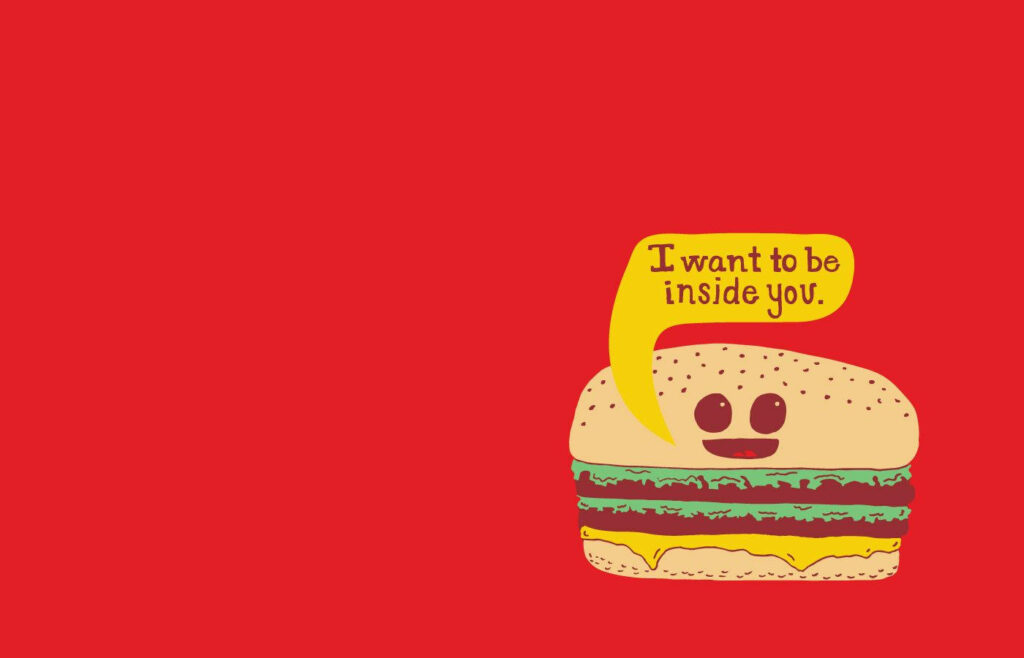 Cheerful Hamburger Wallpaper: Vibrant Red Background & Fun Design