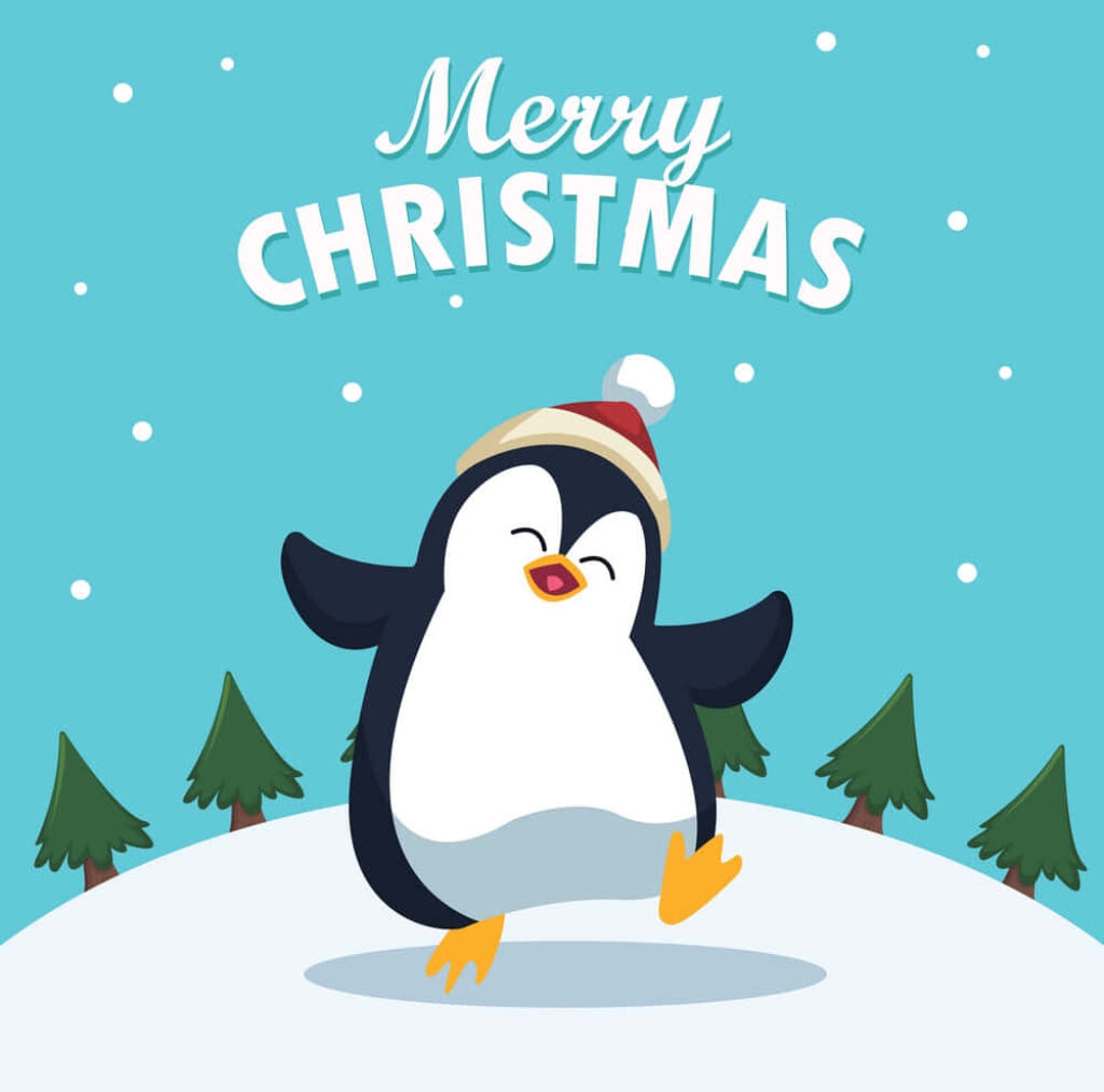 Cheerful Cartoon Penguin in Festive Hat on a Merry Christmas Snowy Scene Wallpaper