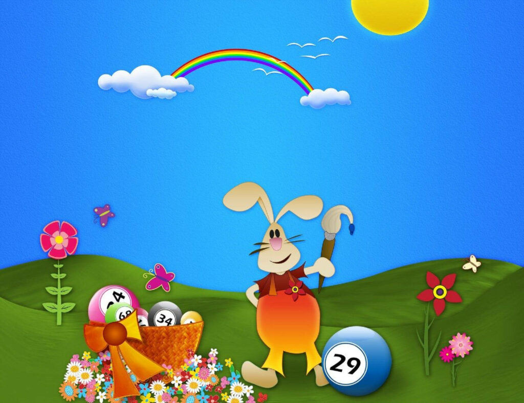 Cheerful cartoon rabbit on grassy hill with rainbow flowers and bingo balls playful wallpaper