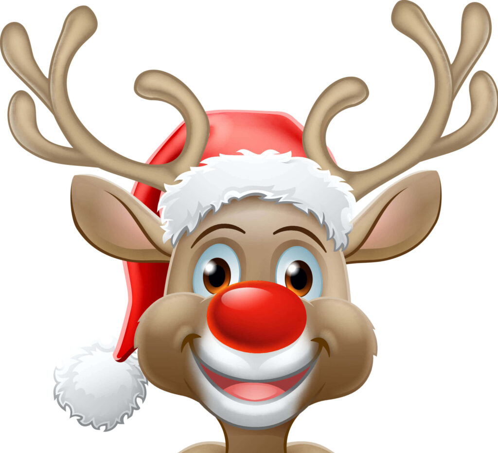 Cheerful Cartoon Reindeer Wallpaper with Santa Hat and Bright Red Nose