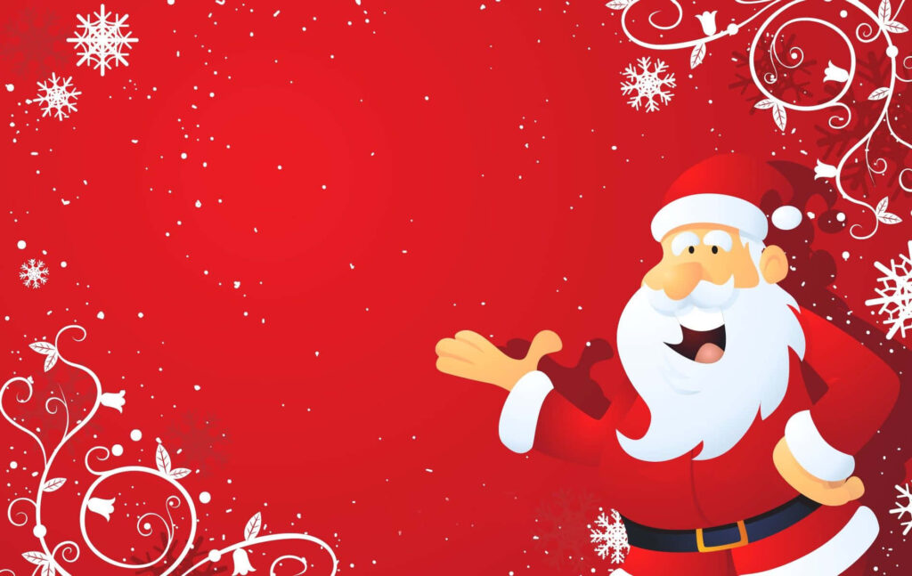 Cheerful cartoon Santa in red suit with snowflakes festive wallpaper background for holidays