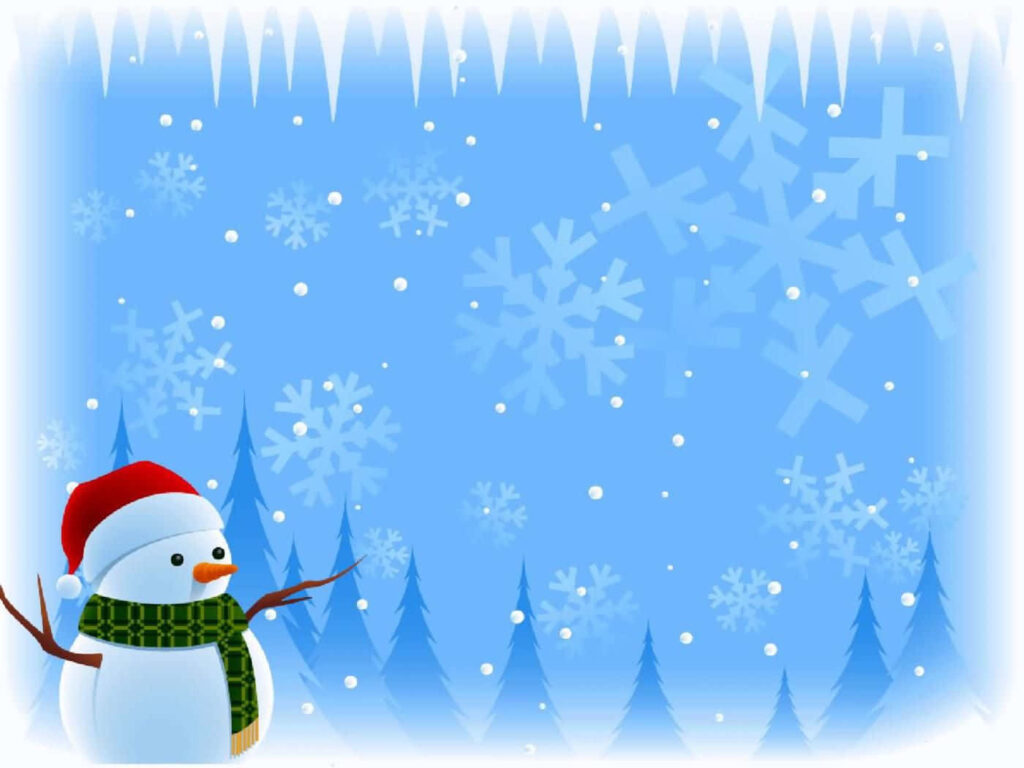 Cheerful Cartoon Snowman Wallpaper with Wintery Scene & Snowflakes