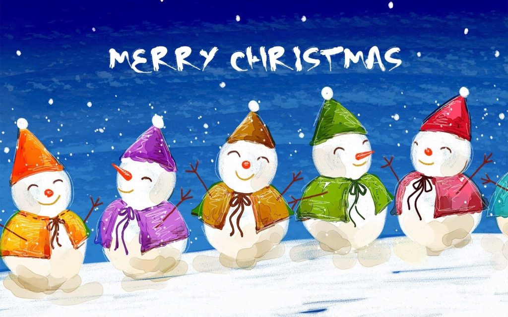Cheerful cartoon snowmen in colorful hats and capes on snowy blue Christmas wallpaper background