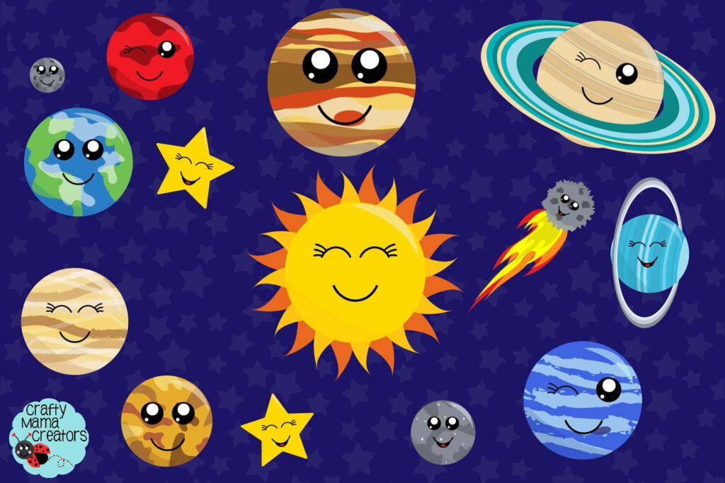 Cheerful Cartoon Solar System Wallpaper: Smiling Planets & Comet