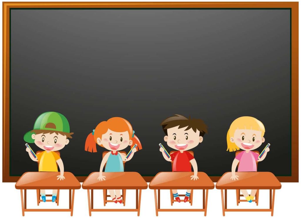 Cheerful cartoon students at wooden desks in colorful classroom with large blackboard background Wallpaper