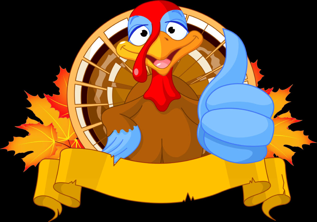 Cheerful Cartoon Turkey Thumbs Up with Autumn Leaves & Pie Background Wallpaper