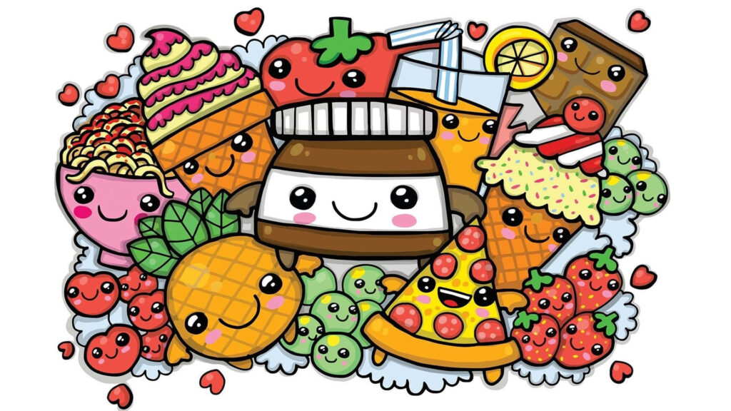 Whimsical Cartoon Food Wallpaper: Cheerful Pizza, Ice Cream & More!
