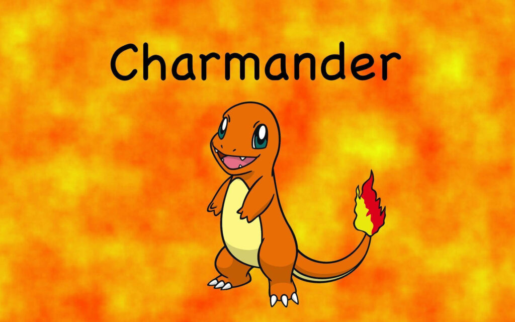 Cheerful Charmander Pokémon on vibrant orange yellow fiery cartoon background wallpaper