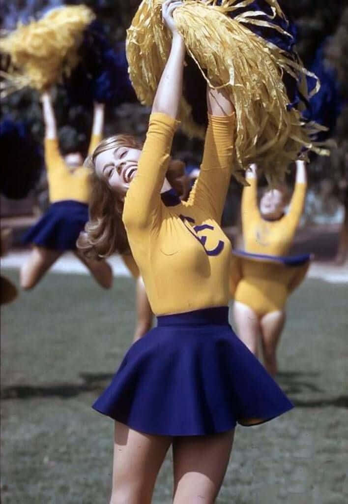 Vibrant Cheerleaders in Yellow & Blue: Energetic Outdoor Performance Wallpaper