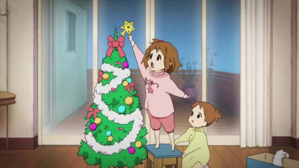 Joyful Kids Decorating a Christmas Tree: Festive Holiday Spirit Wallpaper
