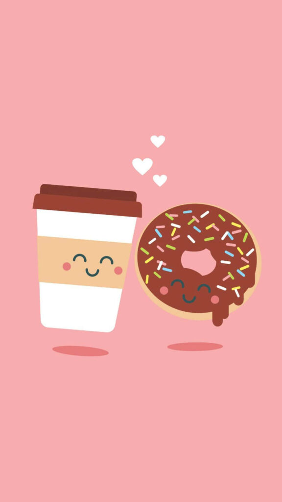 Adorable Donut & Coffee Cup Wallpaper with Hearts on Pink Background