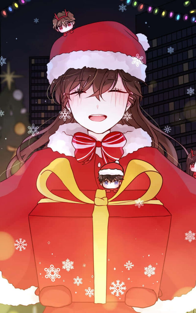 Cheerful Anime Christmas Wallpaper: Santa, Gifts & Snowy Scene