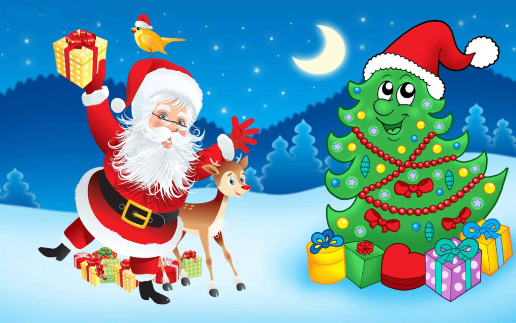 Cheerful Christmas Cartoon: Santa, Reindeer & Holiday Tree Wallpaper
