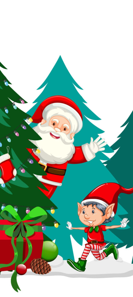 Joyful Christmas Elf & Santa Behind Tree - Festive Holiday Wallpaper