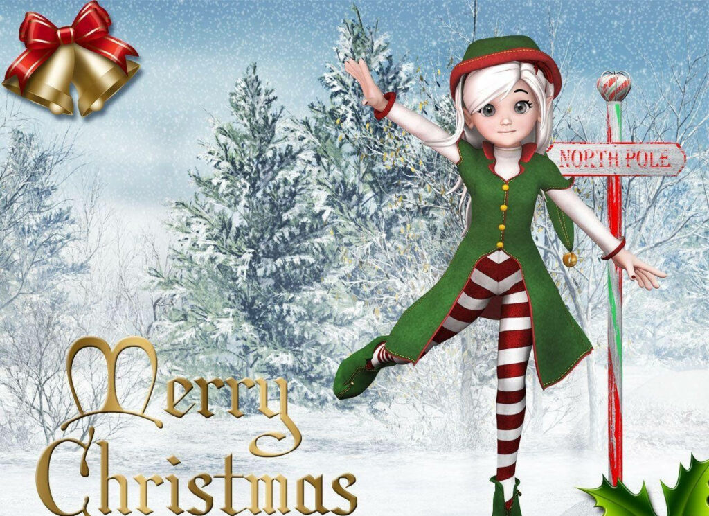 Cheerful Christmas Elf Wallpaper with North Pole Sign & Snowy Background
