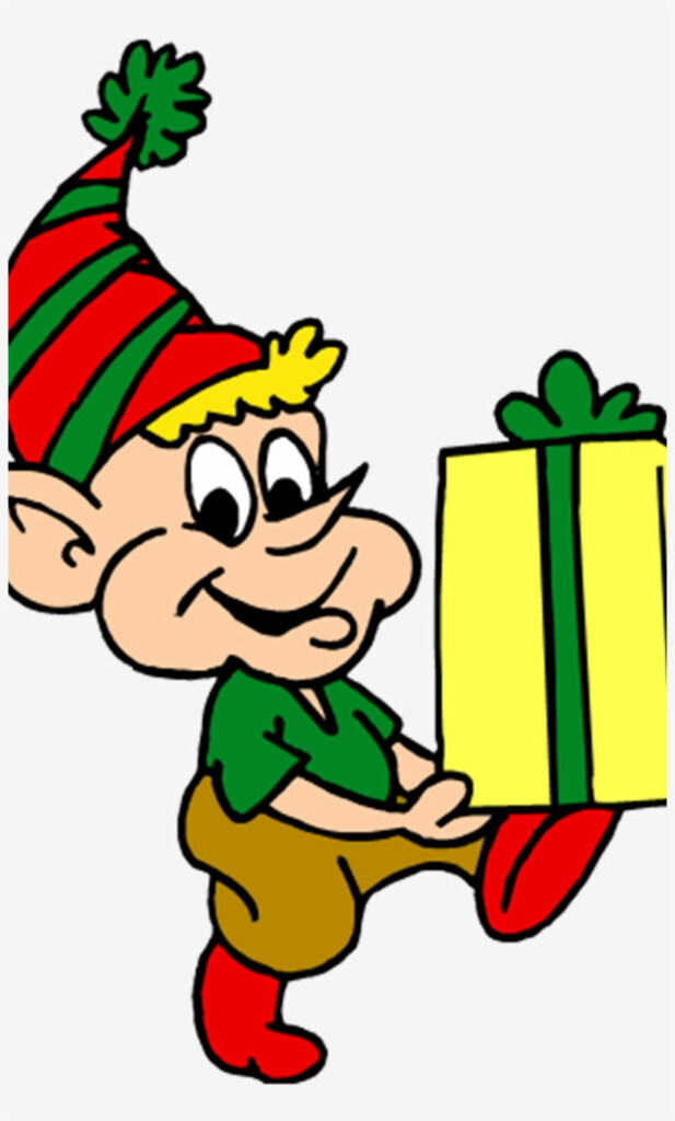 Cheerful Christmas Elf with Present in Festive Holiday Scene Wallpaper