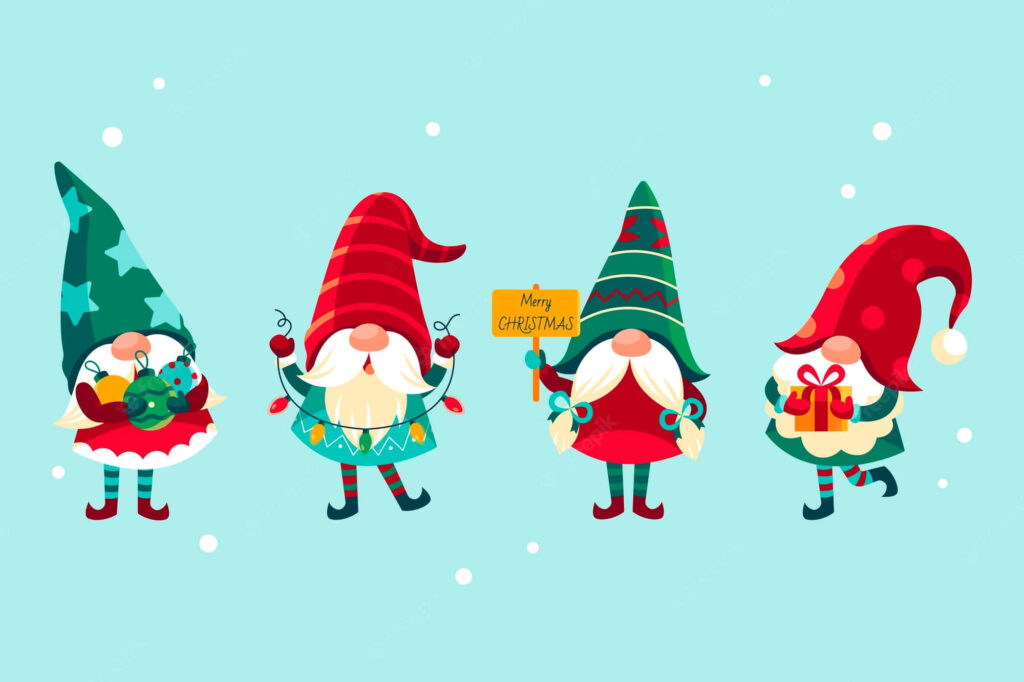 Cheerful Christmas Elves Wallpaper: Festive Holiday Fun & Snowflakes