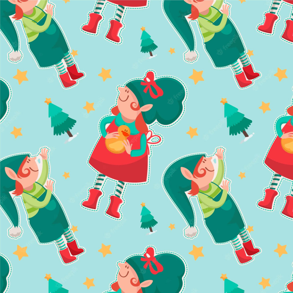 Festive Christmas Elves Wallpaper: Cheerful & Playful Holiday Design