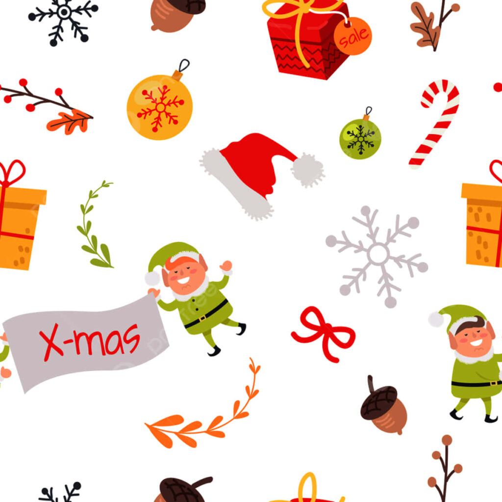 Cheerful Christmas Elves with X-mas Banner on Festive Wallpaper