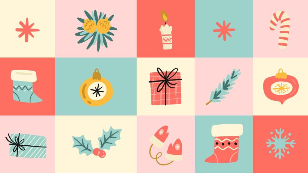 Festive Patchwork Christmas Wallpaper: Holiday Symbols & Cheerful Colors