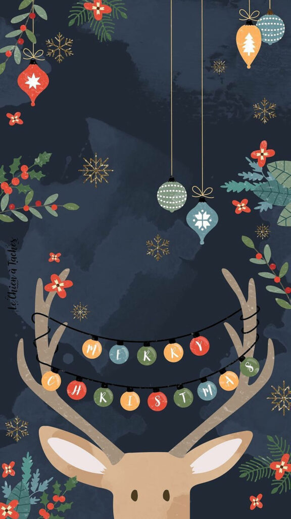 Cheerful Christmas Reindeer Wallpaper with Colorful Lights & Foliage