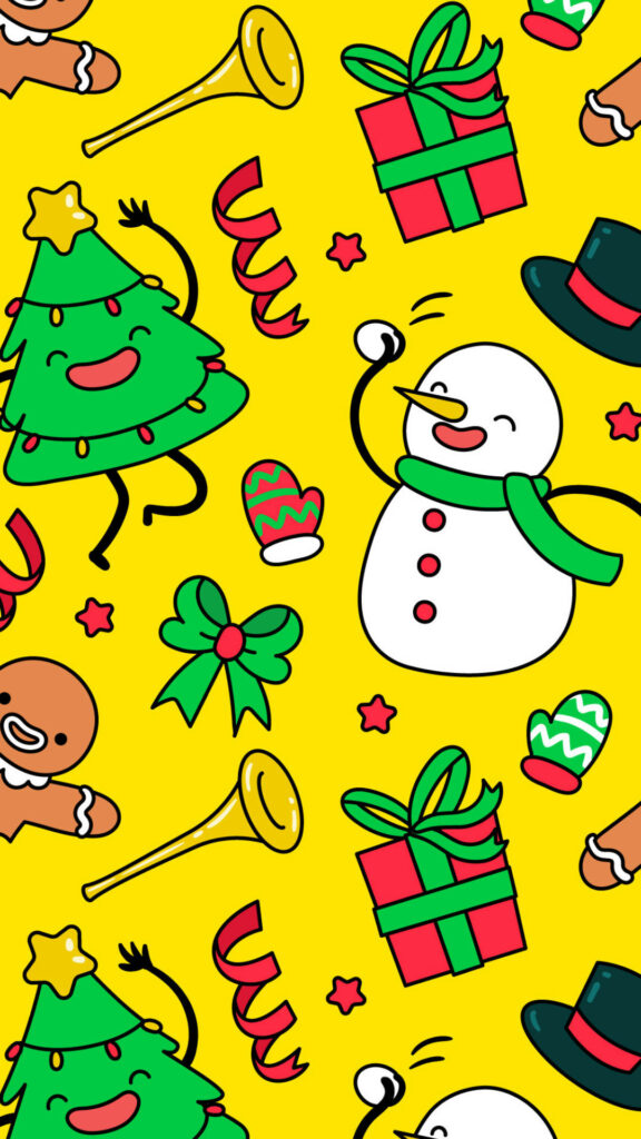 Bright Yellow Christmas Snowman Wallpaper with Festive Decor