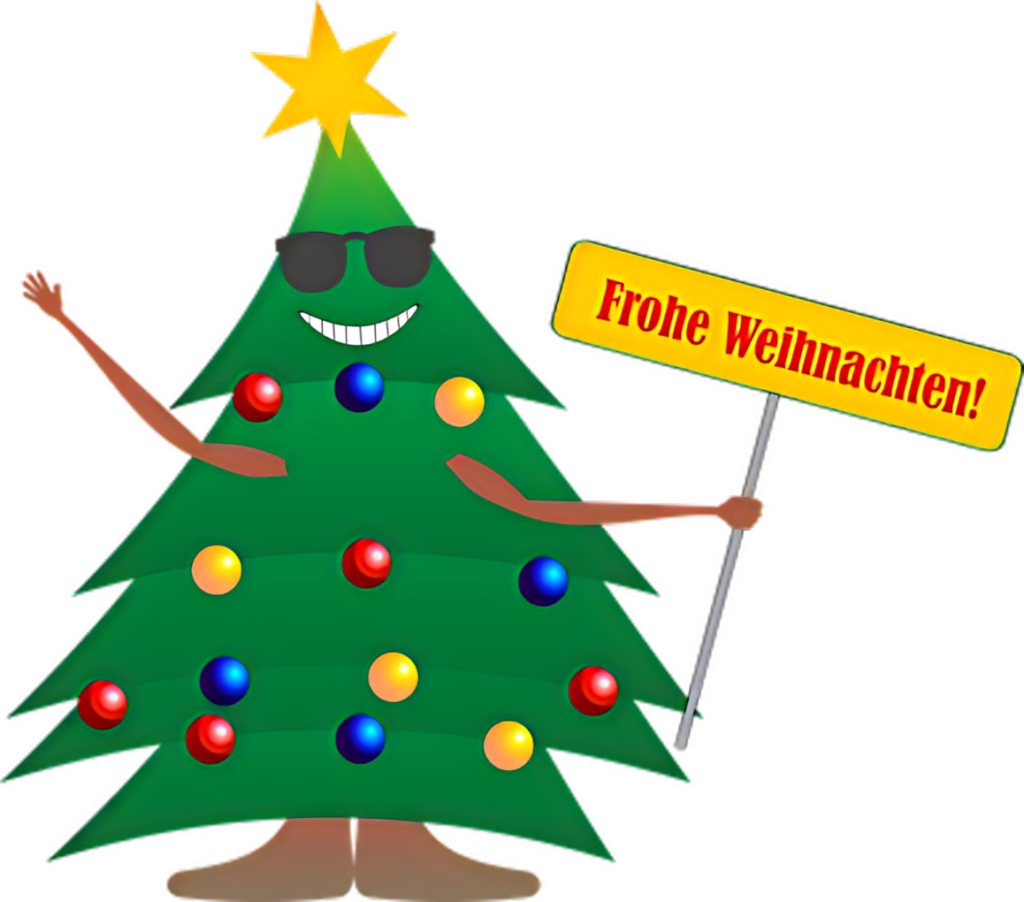 Cheerful Sunglasses Christmas Tree with 'Frohe Weihnachten!' Sign Wallpaper