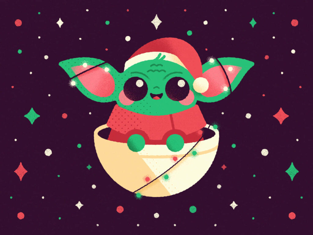 Cheerful Christmas Wallpaper: Cartoon Green Creature in Santa Hat