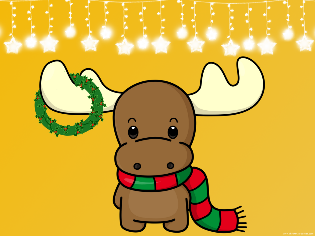 Cheerful Christmas Moose Wallpaper with Festive Wreath & Lights