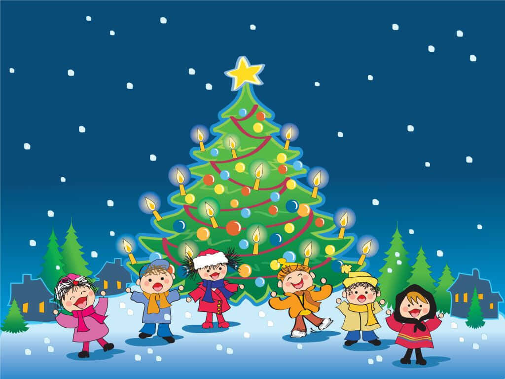 Joyful Christmas Wallpaper: Kids Dancing by a Festive Tree Scene