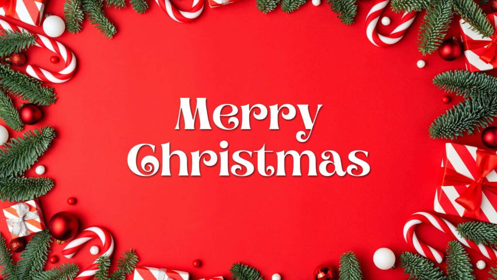 Cheerful Merry Christmas Wallpaper with Red Background & Gifts