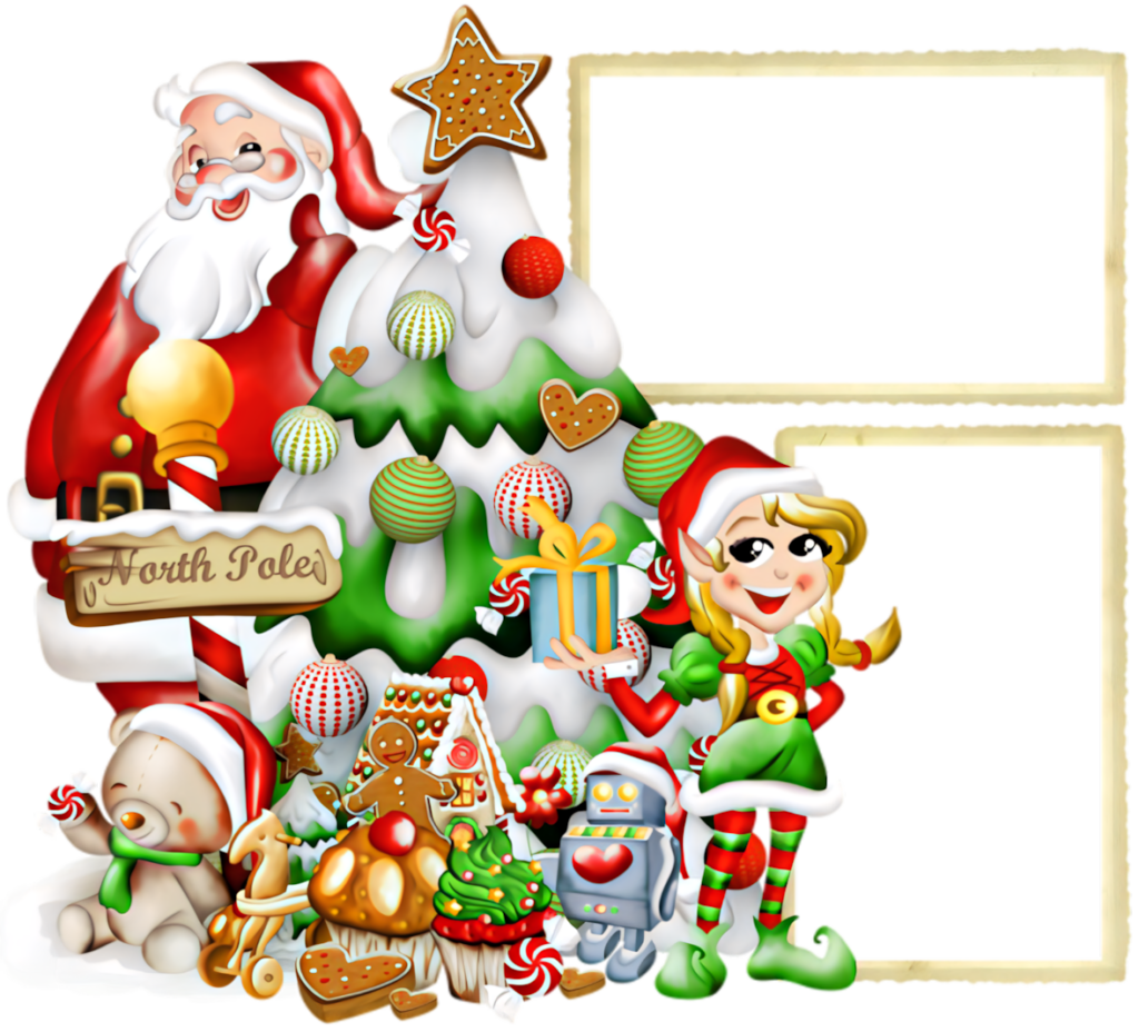 Cheerful Christmas Wallpaper: Santa, Elf & Holiday Treats at the North Pole