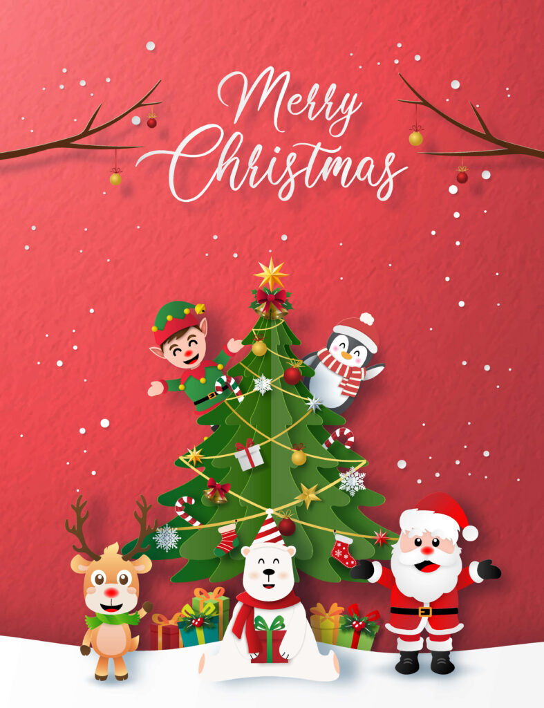 Cheerful Christmas Wallpaper: Santa, Reindeer & Friends by Tree