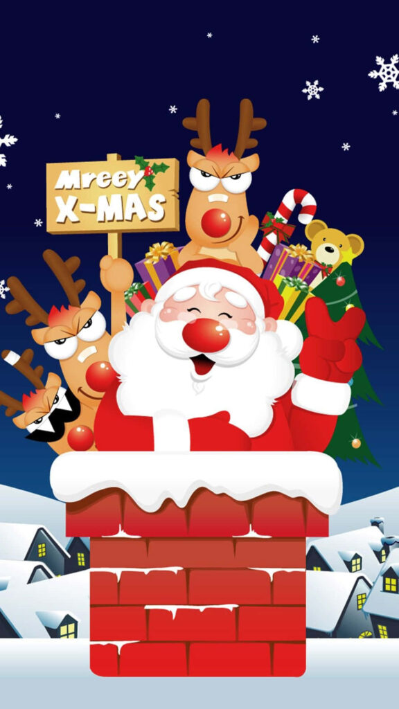 Cheerful Santa Wallpaper: Reindeer, Rooftops & Starry Night