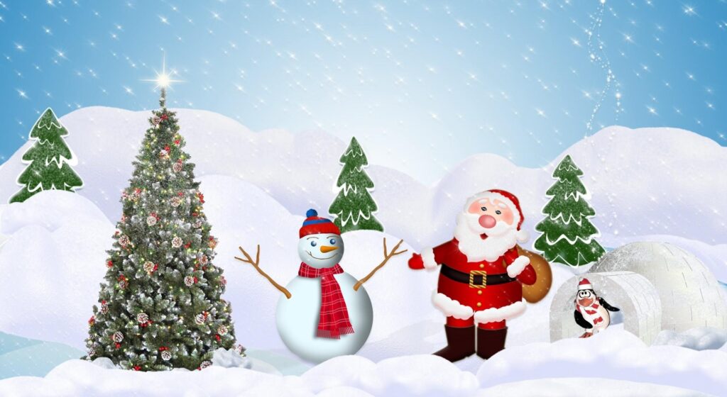 Cheerful Winter Wallpaper: Christmas Tree, Santa & Snowy Scene
