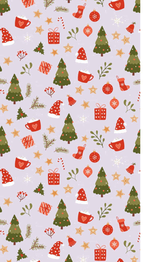 Cheerful Christmas Wallpaper: Festive Trees, Santa Hats & Gifts