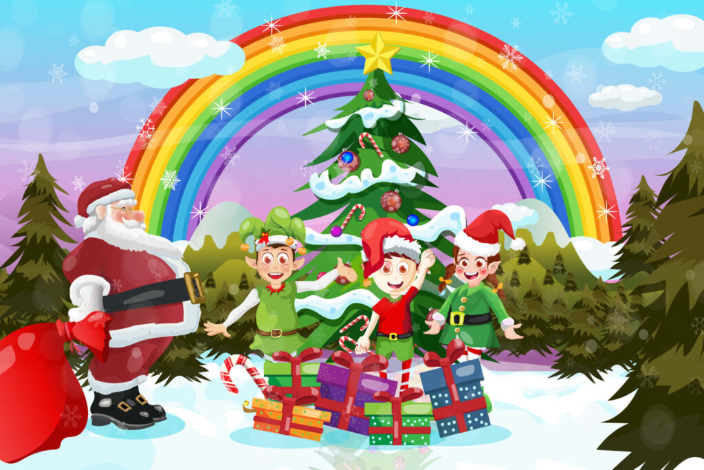 Cheerful Christmas Wallpaper with Santa, Elves, and Rainbow Background