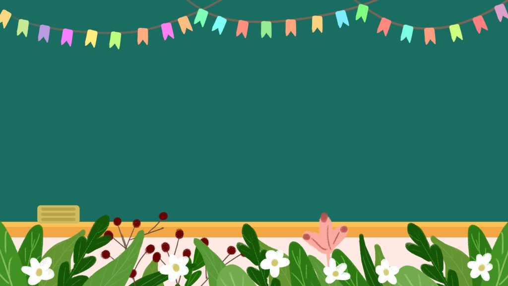 Colorful classroom blackboard with playful banner eraser wooden ledge and floral border wallpaper